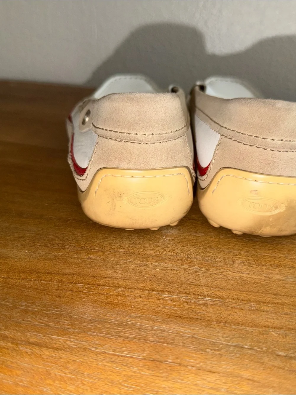 Tod's White Leather Driving Loafers with Red Insoles